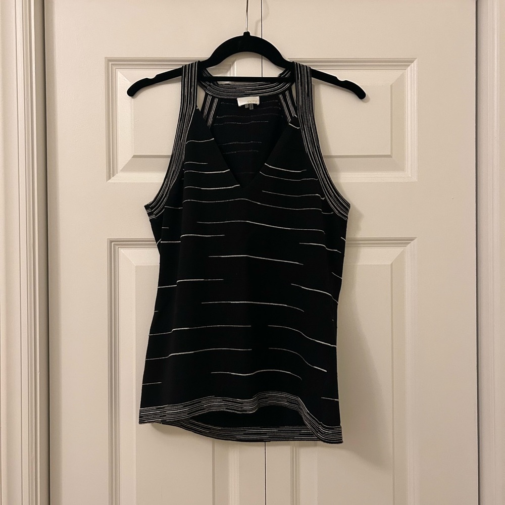 Ecru Ribbed Sleeveless Vneck Black White Stripe Stretch Knit